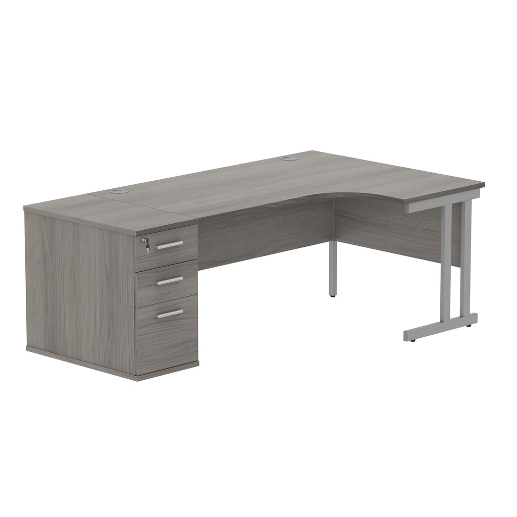 Double Upright Right Hand Radial Desk + Desk High Pedestal (FSC) | 800mm Deep Pedestal | 1600X1200 | Alaskan Grey Oak/Silver