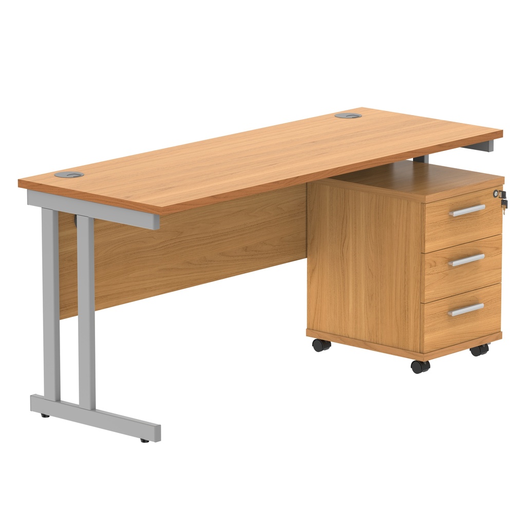 Double Upright Rectangular Desk + 3 Drawer Mobile Under Desk Pedestal (FSC) | 1600X600 | Norwegian Beech/Silver