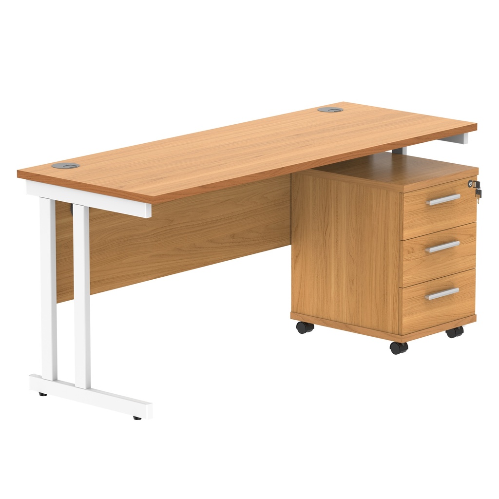 Double Upright Rectangular Desk + 3 Drawer Mobile Under Desk Pedestal (FSC) | 1600X600 | Norwegian Beech/White