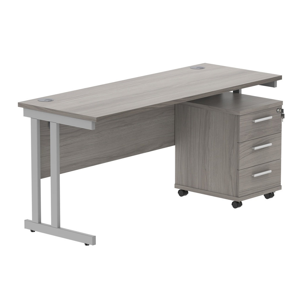 Double Upright Rectangular Desk + 3 Drawer Mobile Under Desk Pedestal (FSC) | 1600X600 | Alaskan Grey Oak/Silver