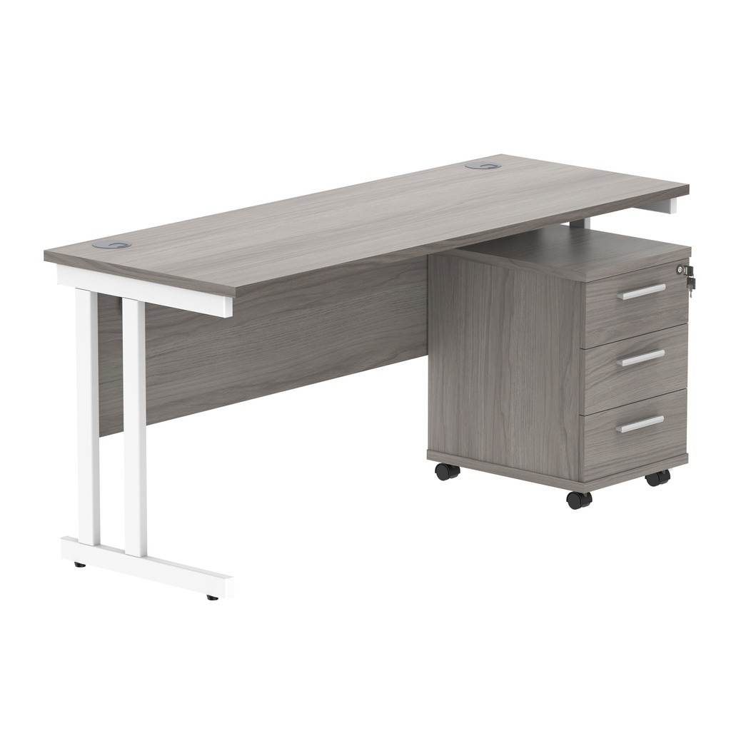 Double Upright Rectangular Desk + 3 Drawer Mobile Under Desk Pedestal (FSC) | 1600X600 | Alaskan Grey Oak/White