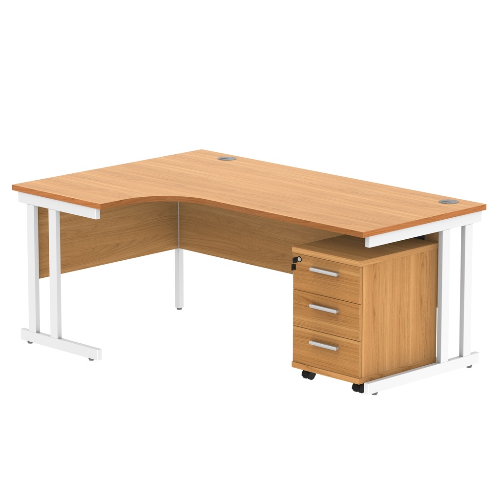 Double Upright Left Hand Radial Desk + 3 Drawer Mobile Under Desk Pedestal (FSC) | 1800X1200 | Norwegian Beech/White