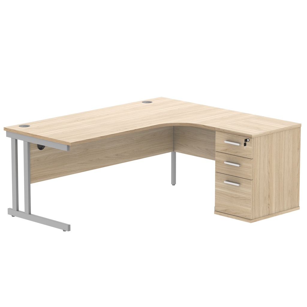 Double Upright Right Hand Radial Desk + Desk High Pedestal (FSC) | 600mm Deep Pedestal | 1800X1200 | Canadian Oak/Silver