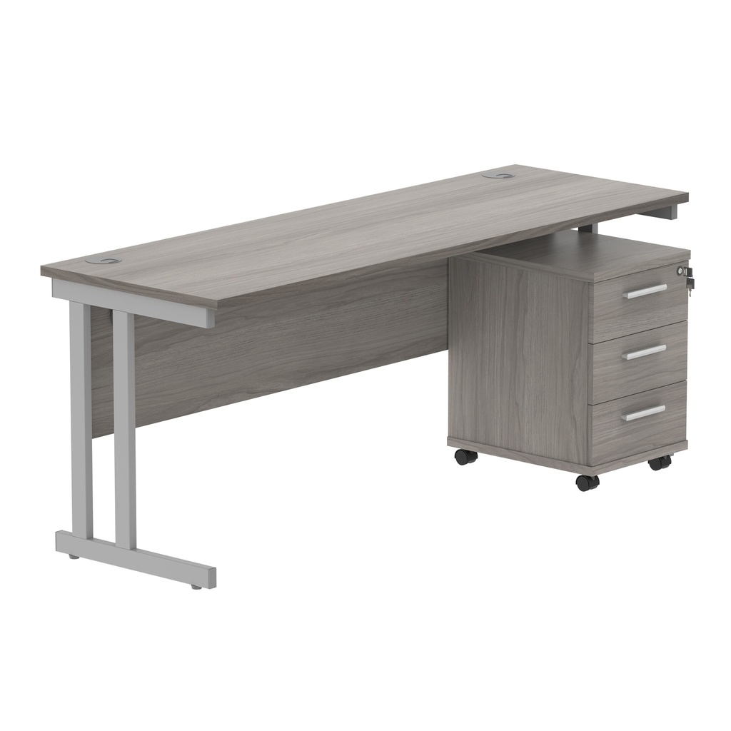 Double Upright Rectangular Desk + 3 Drawer Mobile Under Desk Pedestal (FSC) | 1800X600 | Alaskan Grey Oak/Silver