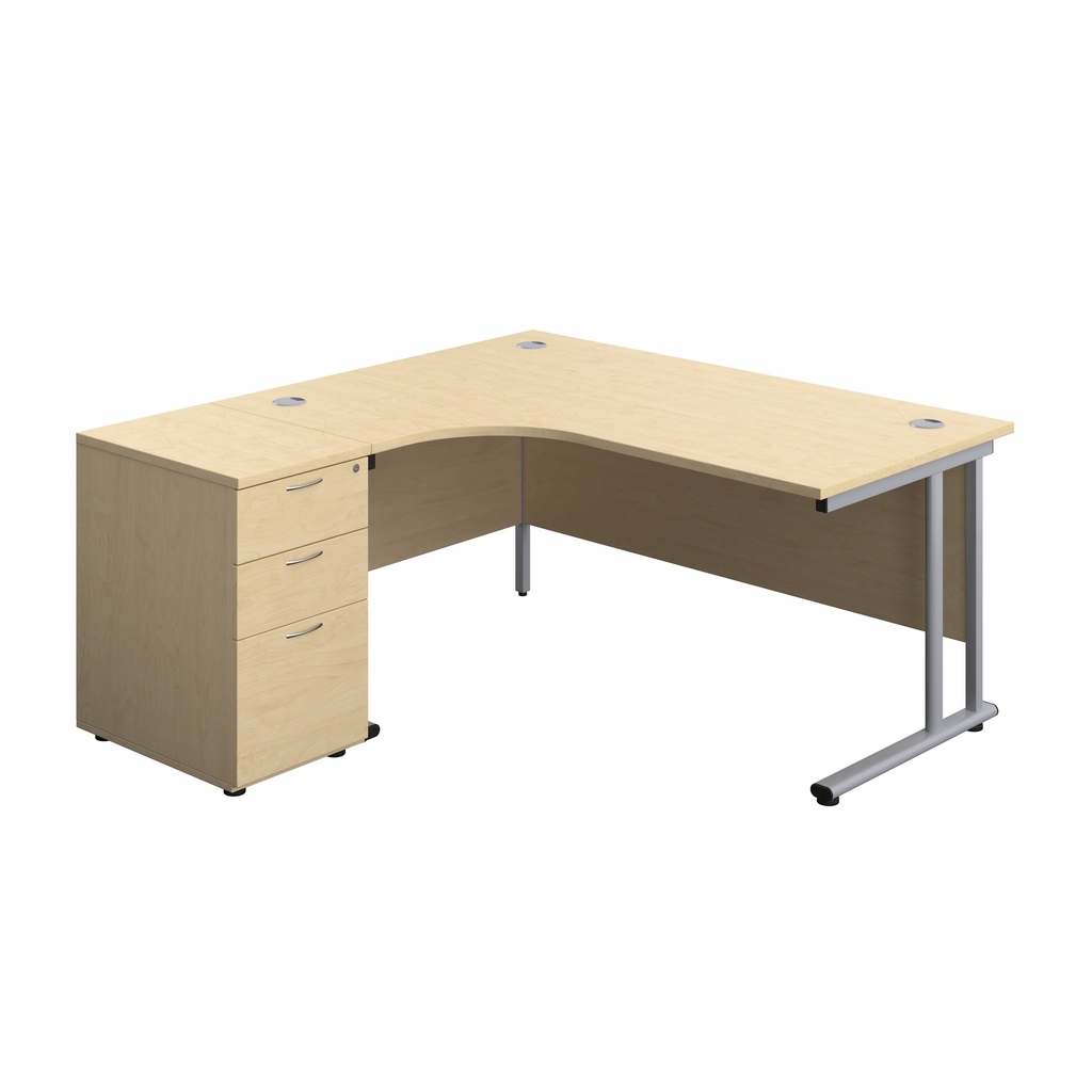 Twin Upright Left Hand Radial Desk + Desk High 3 Drawer Pedestal (FSC) | 1600X1200 | 600mm Deep Pedestal | Maple/Silver