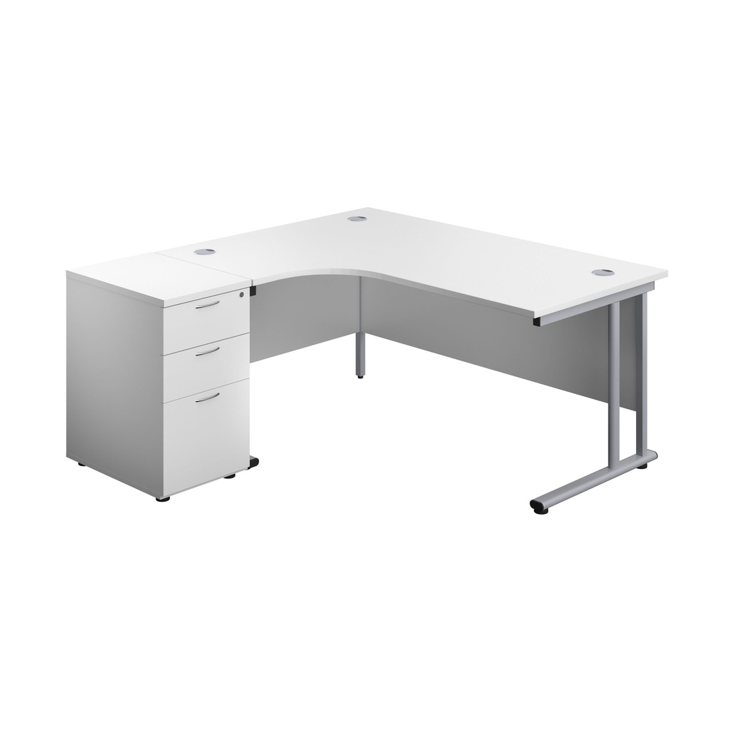 Twin Upright Left Hand Radial Desk + Desk High 3 Drawer Pedestal (FSC) | 1600X1200 | 600mm Deep Pedestal | White/Silver