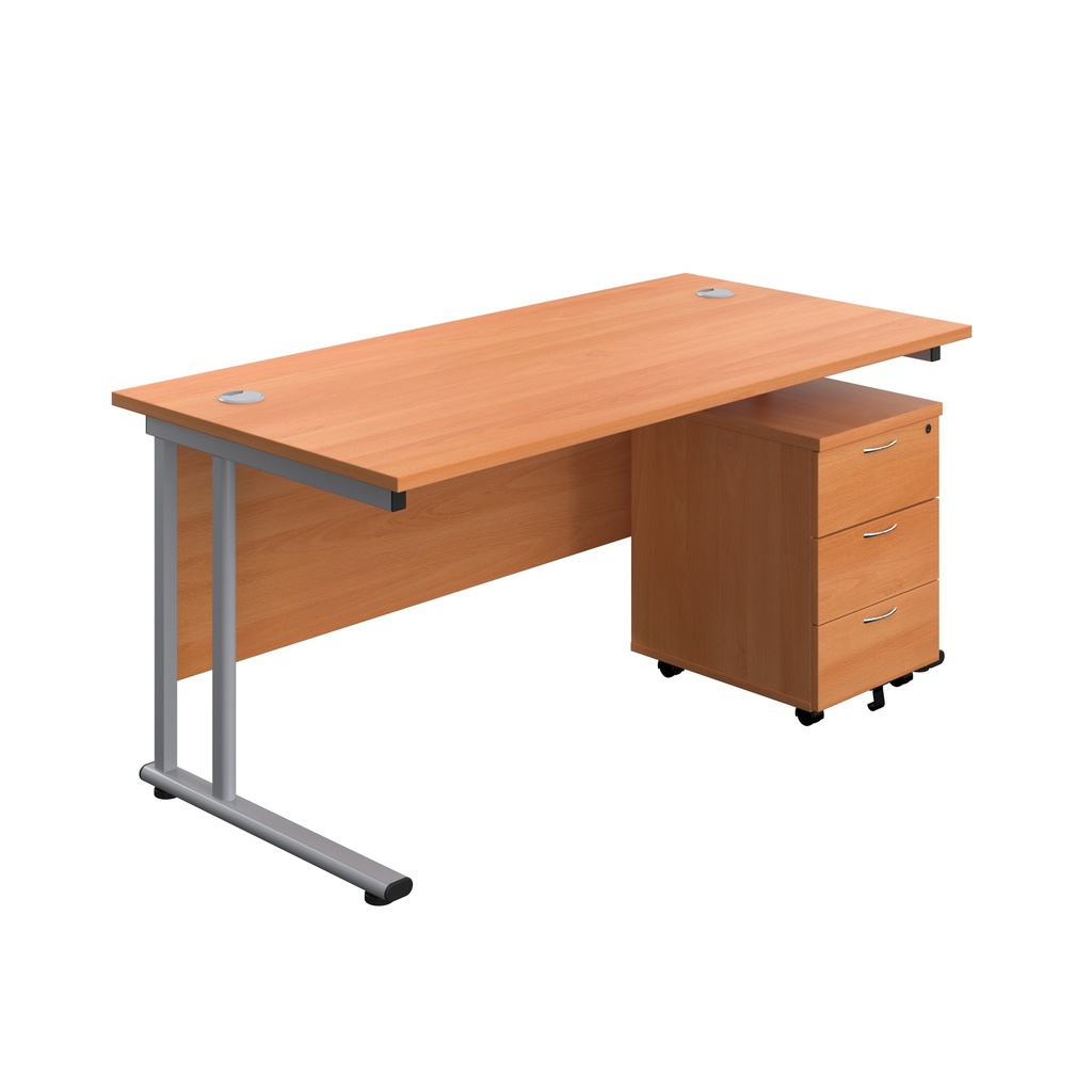 Twin Upright Rectangular Desk + Mobile 3 Drawer Pedestal (FSC) | 1800X800 | Beech/Silver | 