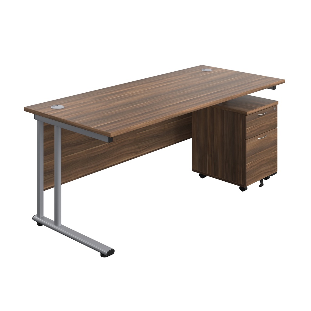 Twin Upright Rectangular Desk + Mobile 2 Drawer Pedestal (FSC) | 1800X800 | Dark Walnut/Silver | 