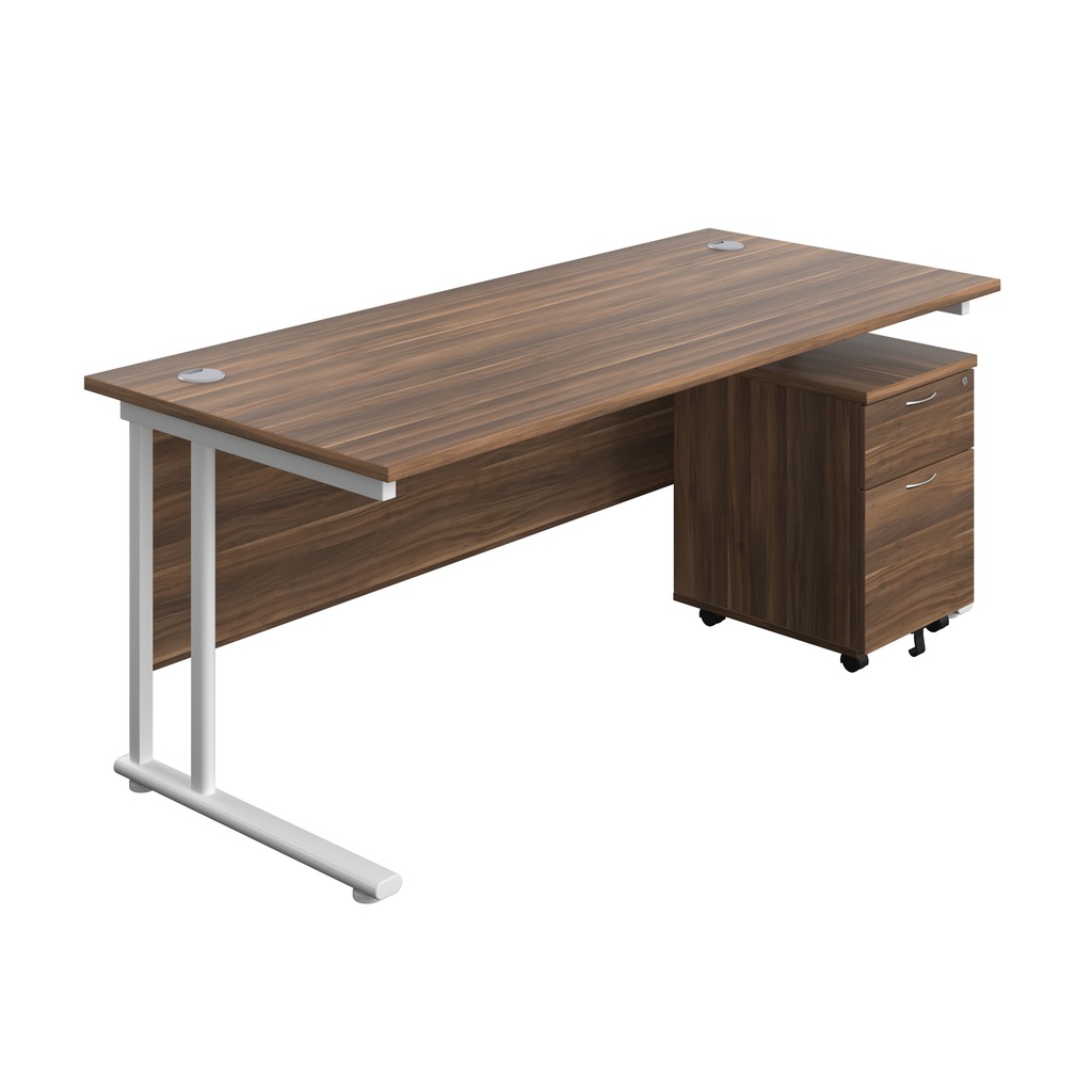 Twin Upright Rectangular Desk + Mobile 2 Drawer Pedestal (FSC) | 1800X800 | Dark Walnut/White | 