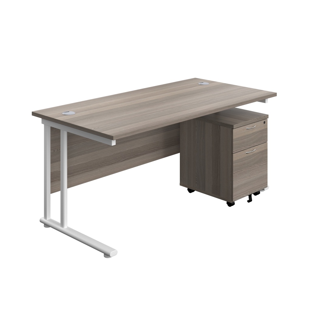 Twin Upright Rectangular Desk + Mobile 2 Drawer Pedestal (FSC) | 1800X800 | Grey Oak/White | 