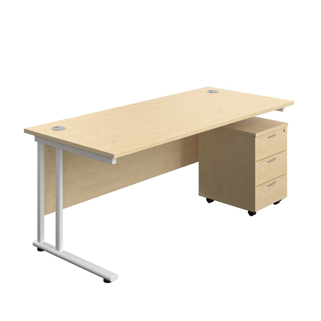 Twin Upright Rectangular Desk + Mobile 3 Drawer Pedestal (FSC) | 1800X800 | Maple/White | 