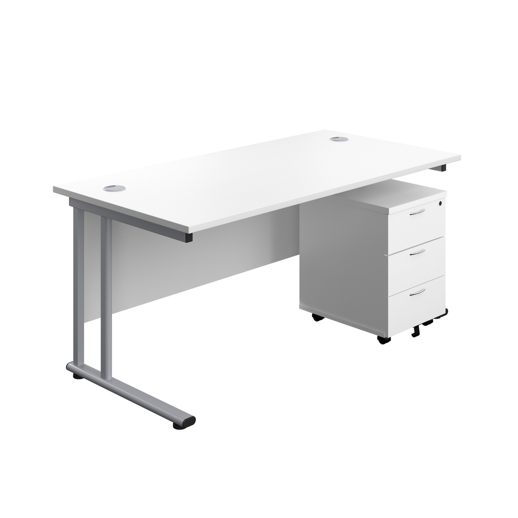 Twin Upright Rectangular Desk + Mobile 3 Drawer Pedestal (FSC) | 1800X800 | White/Silver | 