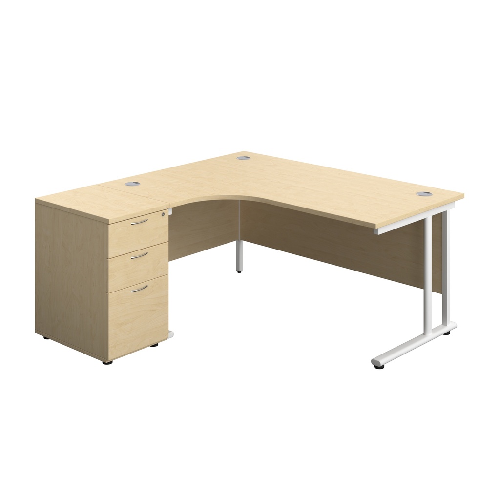 Twin Upright Left Hand Radial Desk + Desk High 3 Drawer Pedestal (FSC) | 1600X1200 | 600mm Deep Pedestal | Maple/White