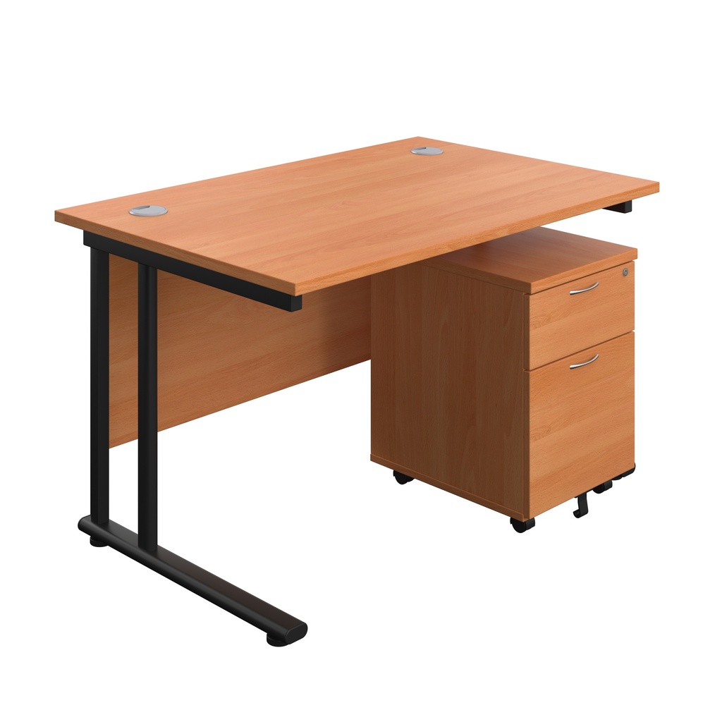 Twin Upright Rectangular Desk + Mobile 2 Drawer Pedestal (FSC) | 1200X800 | Beech/Black | 