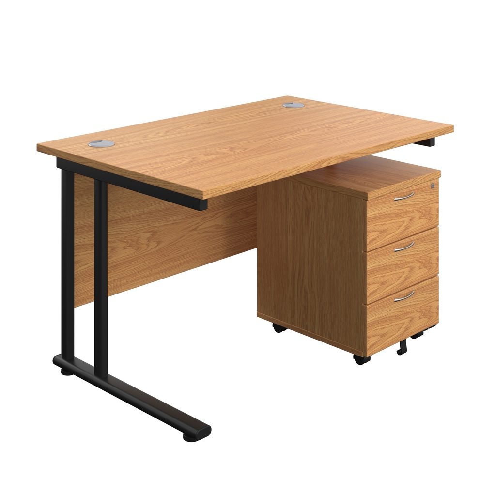 Twin Upright Rectangular Desk + Mobile 3 Drawer Pedestal (FSC) | 1200X800 | Nova Oak/Black | 