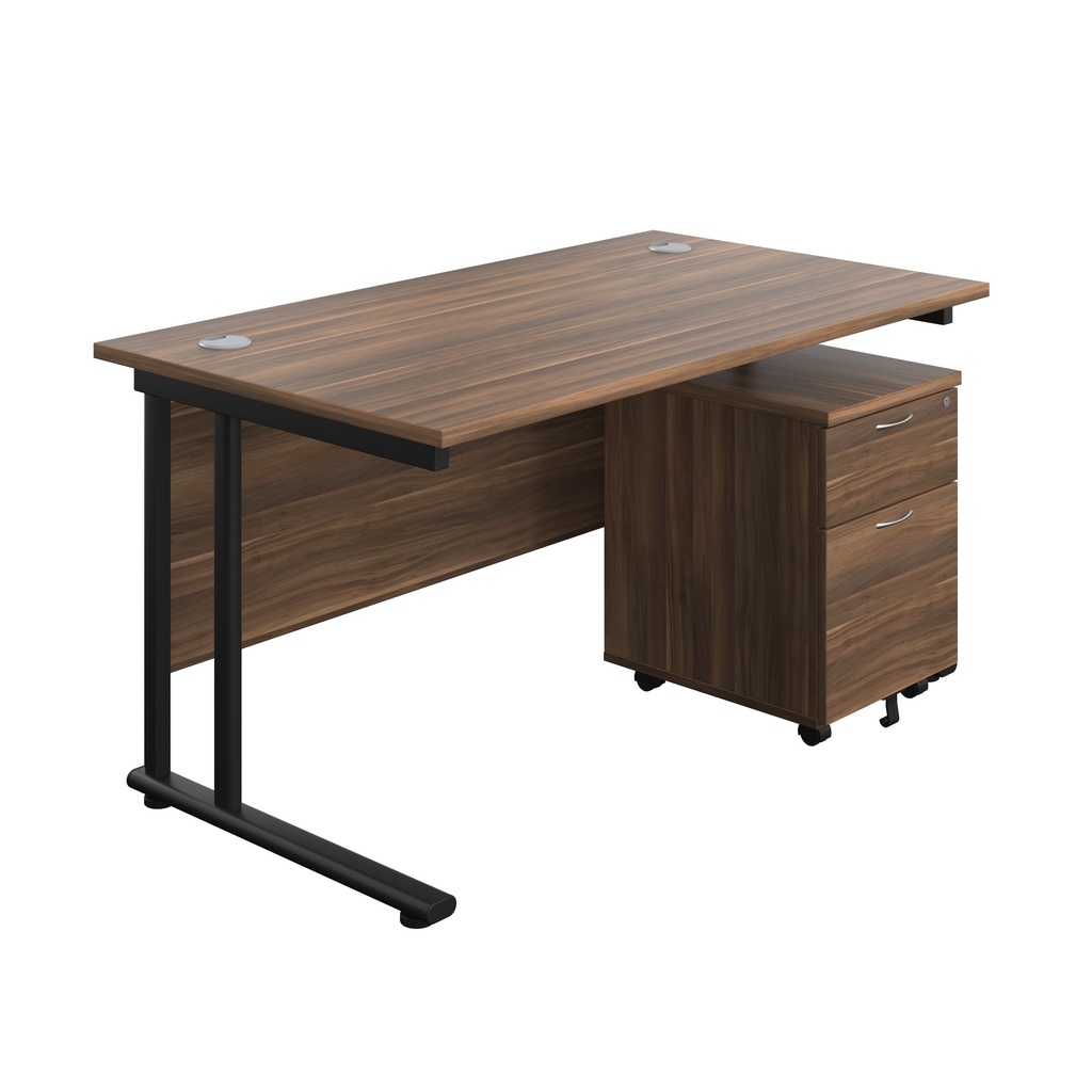 Twin Upright Rectangular Desk + Mobile 2 Drawer Pedestal (FSC) | 1400X800 | Dark Walnut/Black | 