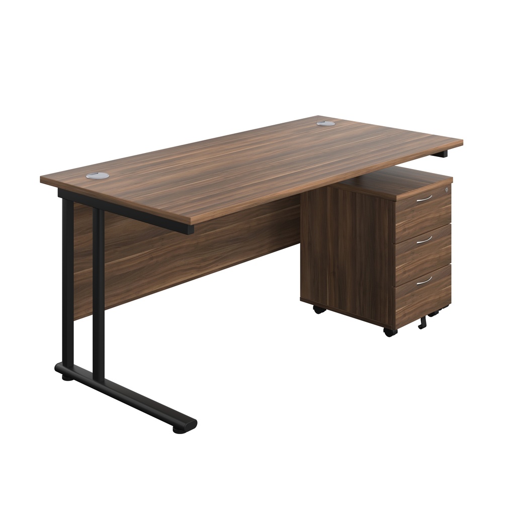 Twin Upright Rectangular Desk + Mobile 3 Drawer Pedestal (FSC) | 1600X800 | Dark Walnut/Black | 