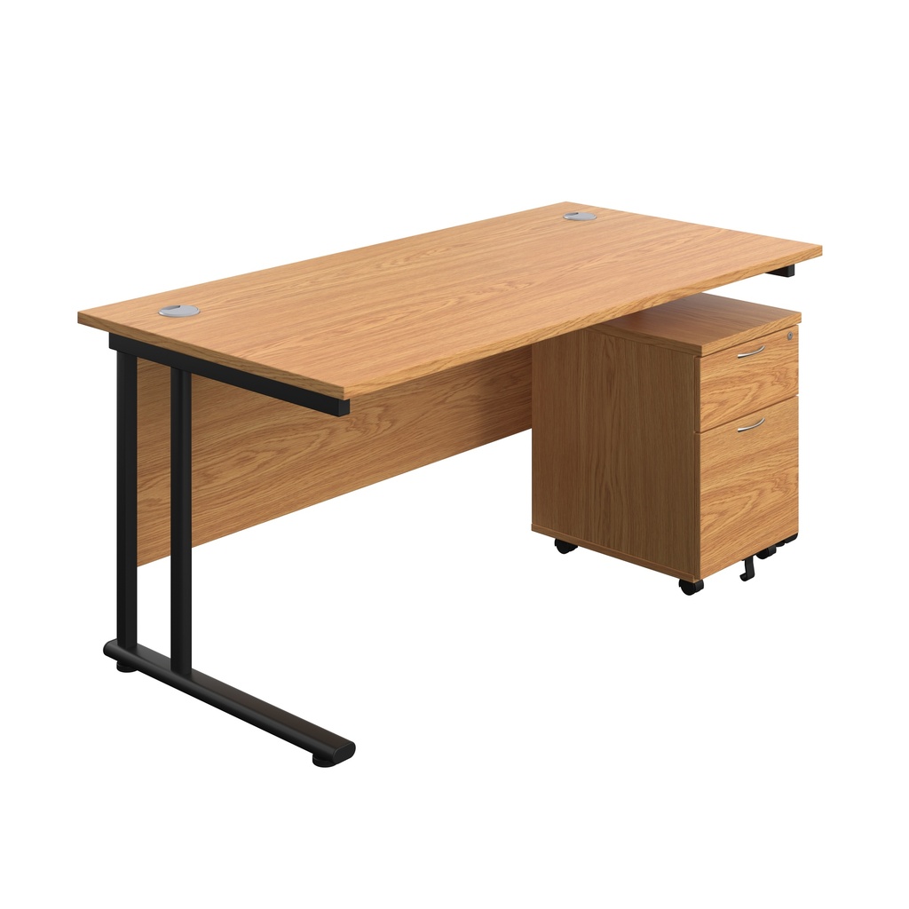 Twin Upright Rectangular Desk + Mobile 2 Drawer Pedestal (FSC) | 1600X800 | Nova Oak/Black | 