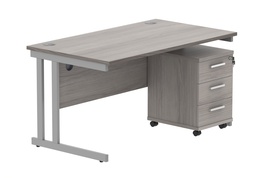 [COREBUNDU1480GOAKSV3] Double Upright Rectangular Desk + 3 Drawer Mobile Under Desk Pedestal (FSC) | 1400X800 | Alaskan Grey Oak/Silver