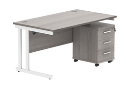 [COREBUNDU1480GOAKWH3] Double Upright Rectangular Desk + 3 Drawer Mobile Under Desk Pedestal (FSC) | 1400X800 | Alaskan Grey Oak/White