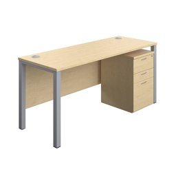 [GPBUN1660HMMASV] Goal Post Rectangular Desk + 3 Drawer High Mobile Pedestal (FSC) | 1600x600 | Maple/Silver | 