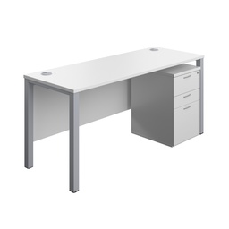 [GPBUN1660HMWHSV] Goal Post Rectangular Desk + 3 Drawer High Mobile Pedestal (FSC) | 1600x600 | White/Silver | 