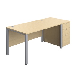 [GPBUN1480DHMASV] Goal Post Rectangular Desk + 3 Drawer Desk High Pedestal (FSC) | 1400x800 | Maple/Silver | 