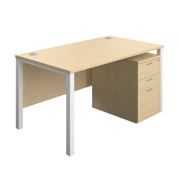 [GPBUN1480HMMAWH] Goal Post Rectangular Desk + 3 Drawer High Mobile Pedestal (FSC) | 1400x800 | Maple/White | 