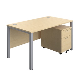 [GPBUN1480M2MASV] Goal Post Rectangular Desk + 2 Drawer Mobile Pedestal (FSC) | 1400x800 | Maple/Silver | 