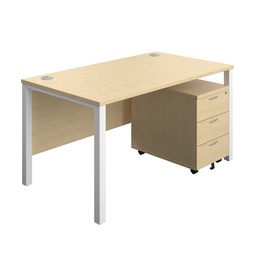 [GPBUN1480M3MAWH] Goal Post Rectangular Desk + 3 Drawer Mobile Pedestal (FSC) | 1400x800 | Maple/White | 