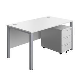 [GPBUN1480M3WHSV] Goal Post Rectangular Desk + 3 Drawer Mobile Pedestal (FSC) | 1400x800 | White/Silver | 