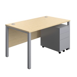 [GPBUN1480S3MASV] Goal Post Rectangular Desk + 3 Drawer Steel Pedestal (FSC) | 1400x800 | Maple/Silver | 