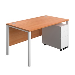 [GPBUN1480SS3BEWH] Goal Post Rectangular Desk + 3 Drawer Slimline Steel Pedestal (FSC) | 1400x800 | Beech/White | 