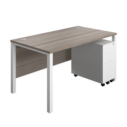 [GPBUN1480SS3GOWH] Goal Post Rectangular Desk + 3 Drawer Slimline Steel Pedestal (FSC) | 1400x800 | Grey oak/White | 