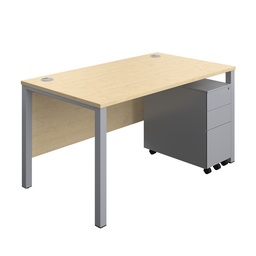 [GPBUN1480SS3MASV] Goal Post Rectangular Desk + 3 Drawer Slimline Steel Pedestal (FSC) | 1400x800 | Maple/Silver | 