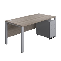 [GPBUN1680SS3GOSV] Goal Post Rectangular Desk + 3 Drawer Slimline Steel Pedestal (FSC) | 1600x800 | Grey oak/Silver | 