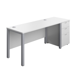 [GPBUN1460D3WHSV] Goal Post Rectangular Desk + 3 Drawer Desk High Pedestal (FSC) | 1400x600 | White/Silver | 