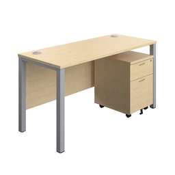 [GPBUN1460M2MASV] Goal Post Rectangular Desk + 2 Drawer Mobile Pedestal (FSC) | 1400x600 | Maple/Silver | 