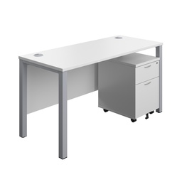 [GPBUN1460M2WHSV] Goal Post Rectangular Desk + 2 Drawer Mobile Pedestal (FSC) | 1400x600 | White/Silver | 