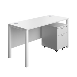 [GPBUN1460M2WHWH] Goal Post Rectangular Desk + 2 Drawer Mobile Pedestal (FSC) | 1400x600 | White/White | 