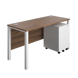 [GPBUN1460S3DWWH] Goal Post Rectangular Desk + 3 Drawer Steel Pedestal (FSC) | 1400x600 | Dark walnut/White | 