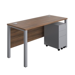 [GPBUN1460SS3DWSV] Goal Post Rectangular Desk + 3 Drawer Slimline Steel Pedestal (FSC) | 1400x600 | Dark Walnut/Silver | 