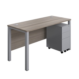 [GPBUN1460SS3GOSV] Goal Post Rectangular Desk + 3 Drawer Slimline Steel Pedestal (FSC) | 1400x600 | Grey oak/Silver | 