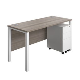 [GPBUN1460SS3GOWH] Goal Post Rectangular Desk + 3 Drawer Slimline Steel Pedestal (FSC) | 1400x600 | Grey oak/White | 