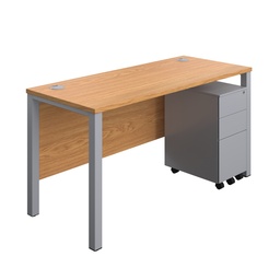 [GPBUN1460SS3NOSV] Goal Post Rectangular Desk + 3 Drawer Slimline Steel Pedestal (FSC) | 1400x600 | Nova oak/Silver | 