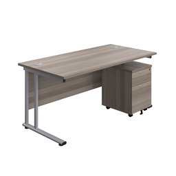 [TWU1880BUNGOSV2] Twin Upright Rectangular Desk + Mobile 2 Drawer Pedestal (FSC) | 1800X800 | Grey Oak/Silver | 