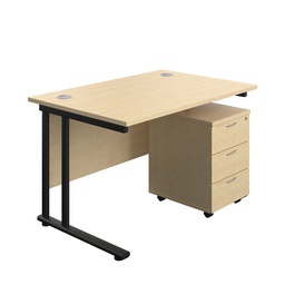 [TWU1280BUNMABK3] Twin Upright Rectangular Desk + Mobile 3 Drawer Pedestal (FSC) | 1200X800 | Maple/Black | 