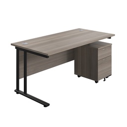 [TWU1680BUNGOBK2] Twin Upright Rectangular Desk + Mobile 2 Drawer Pedestal (FSC) | 1600X800 | Grey Oak/Black | 